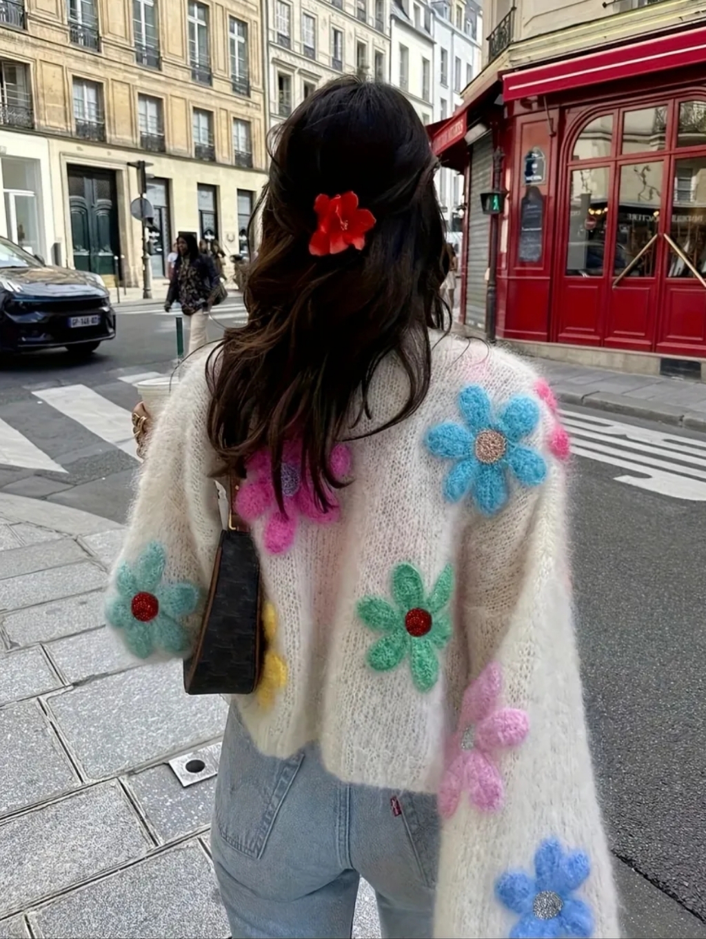 Cream Fuzzy Floral Mohair-Style Cardigan - Multicolor Flowers